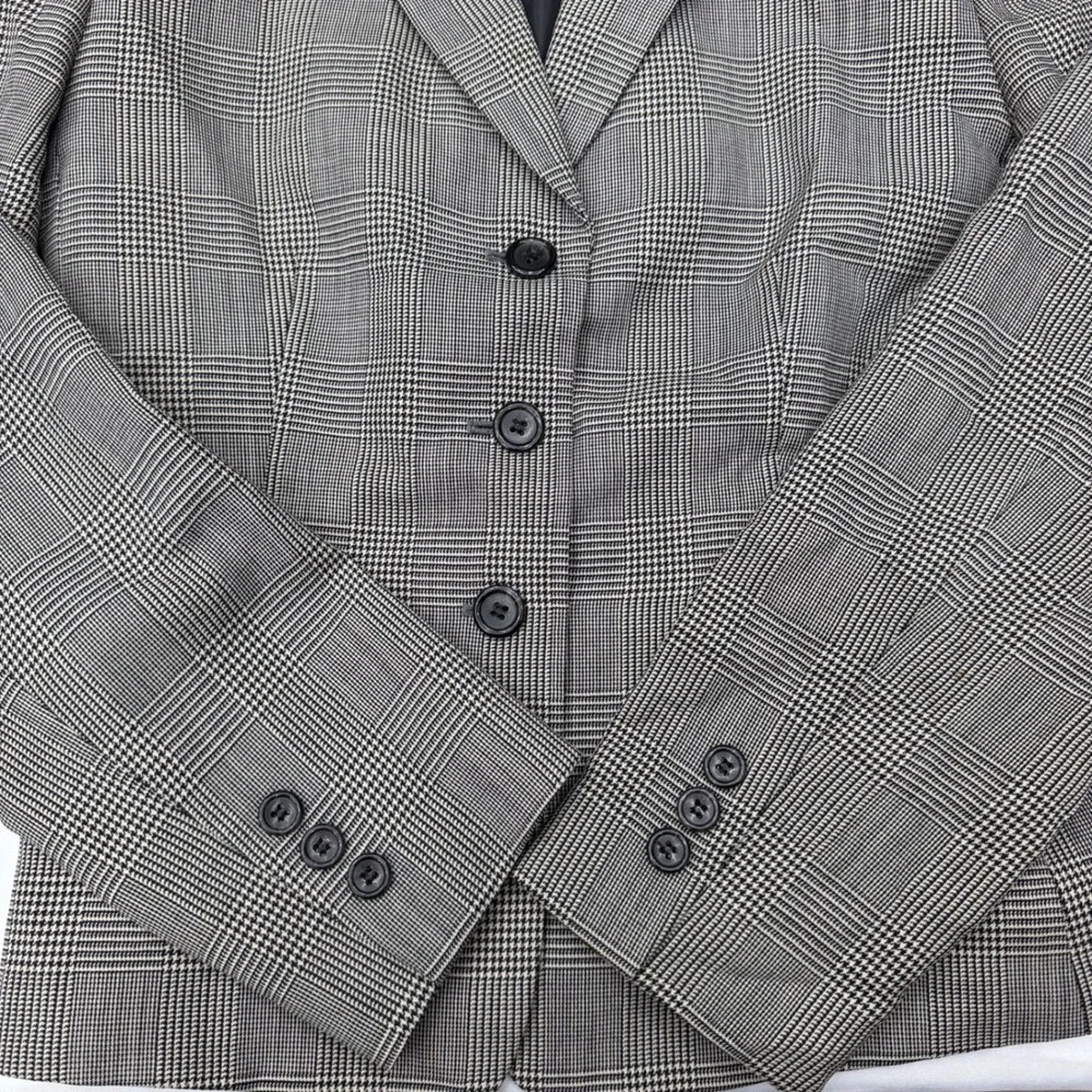 100% Wool Blazer Jacket Petite 4P 3-Button‎ Grey Glen Plaid Office Career